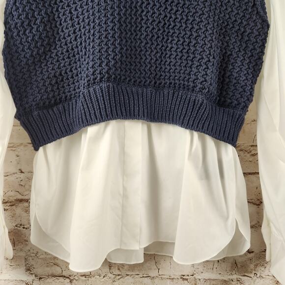 Theory Woven Combo Vest Shirt in Navy & White Size Large NWT Sweater - Picture 5 of 12